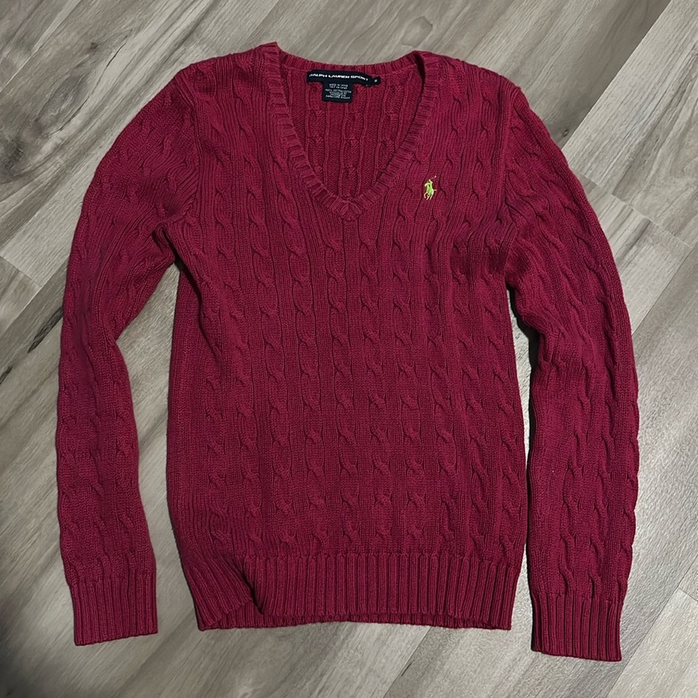 Ralph Lauren Sport Hot Pink V-Neck Cable Knit Sweater Green Polo Logo Size M